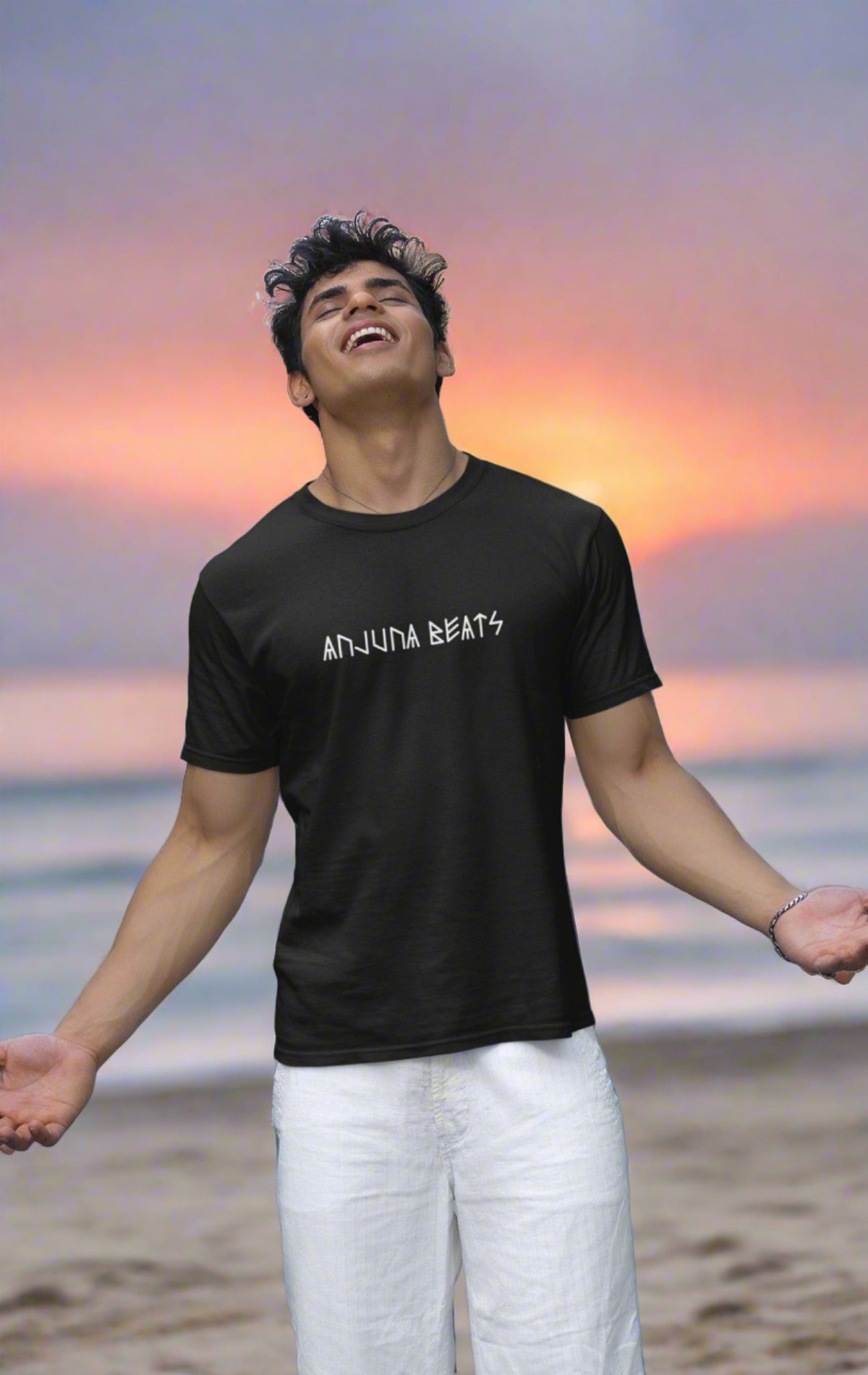 Close-up of Anjuna Beats Black T-shirt, showcasing the intricate details of the back design and the premium quality fabric.