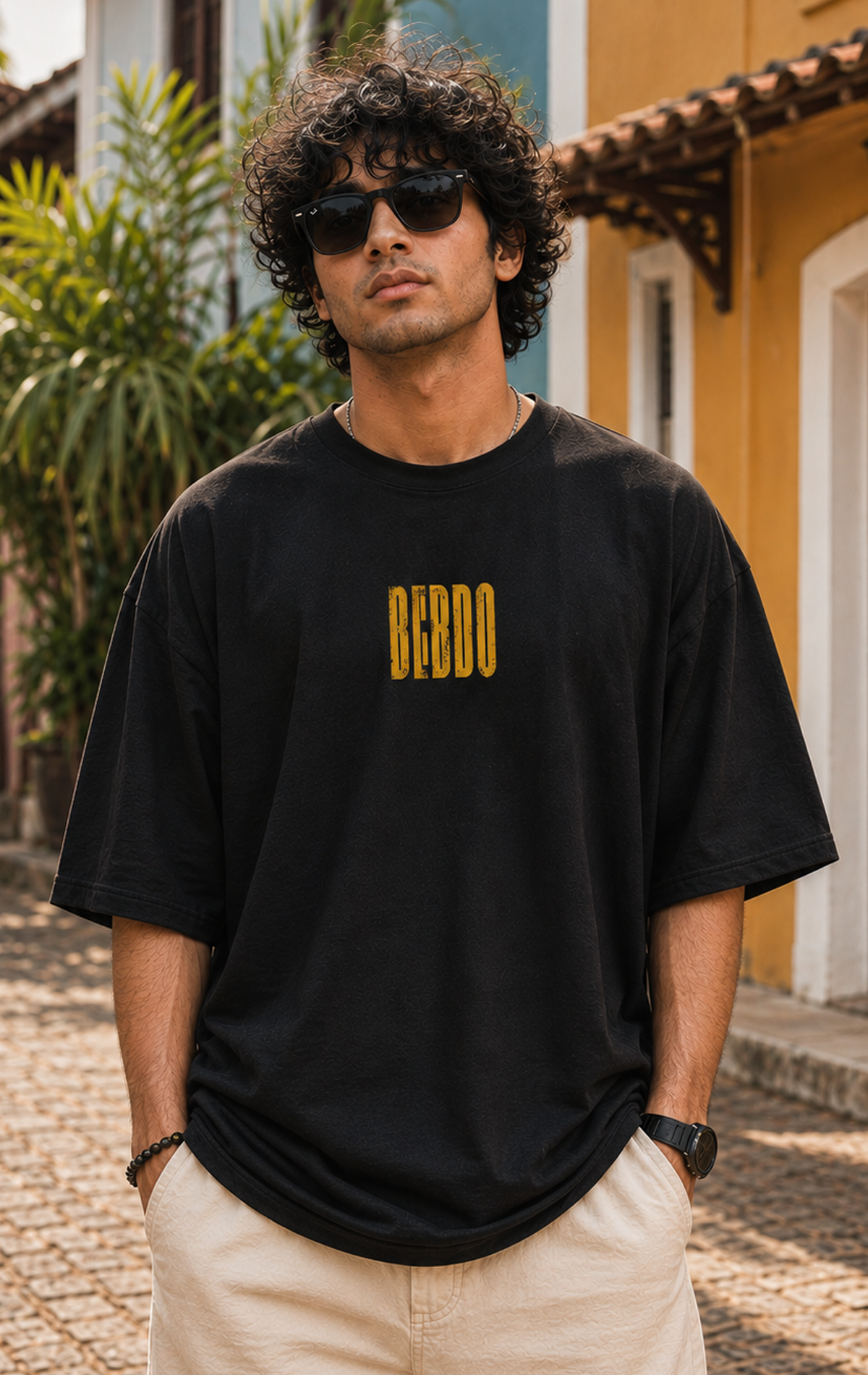 Man wearing black oversized Bebdo t-shirt with mustard-gold Konkani text print, Goa streetwear