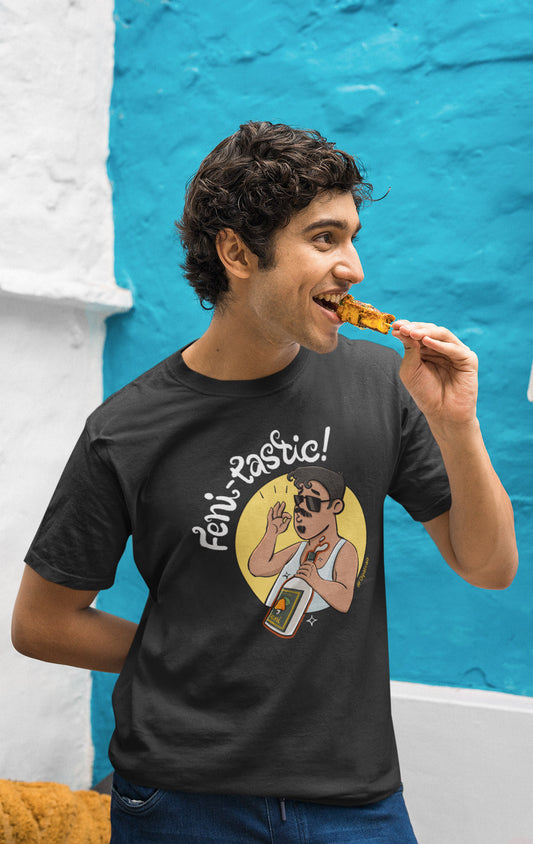 Feni-tastic t-shirt design featuring a Goan character holding a Feni bottle, perfect for fans of Goa's culture.