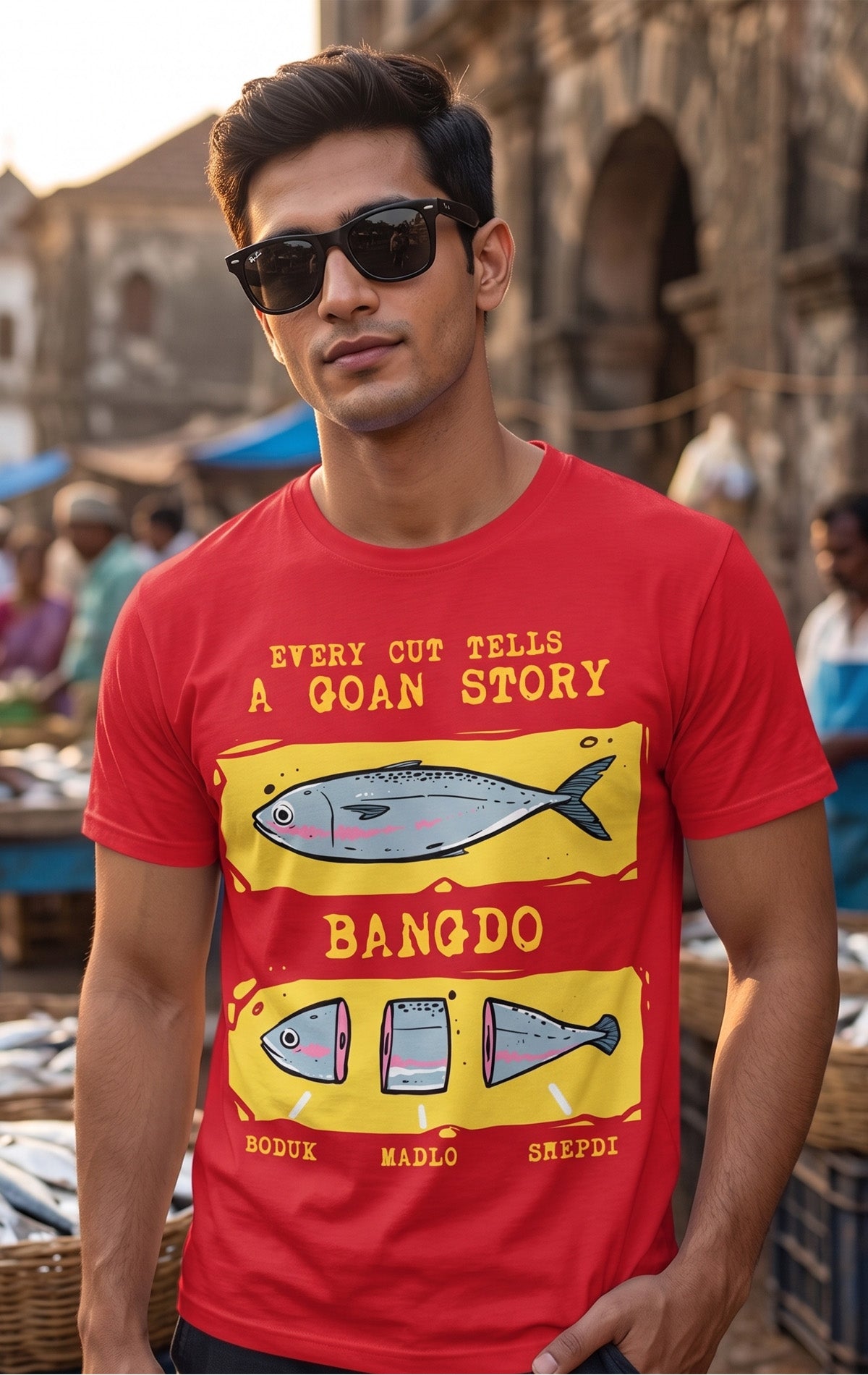Goa souvenir t-shirt featuring mackerel fish cuts Boduk Madlo Shepdi design