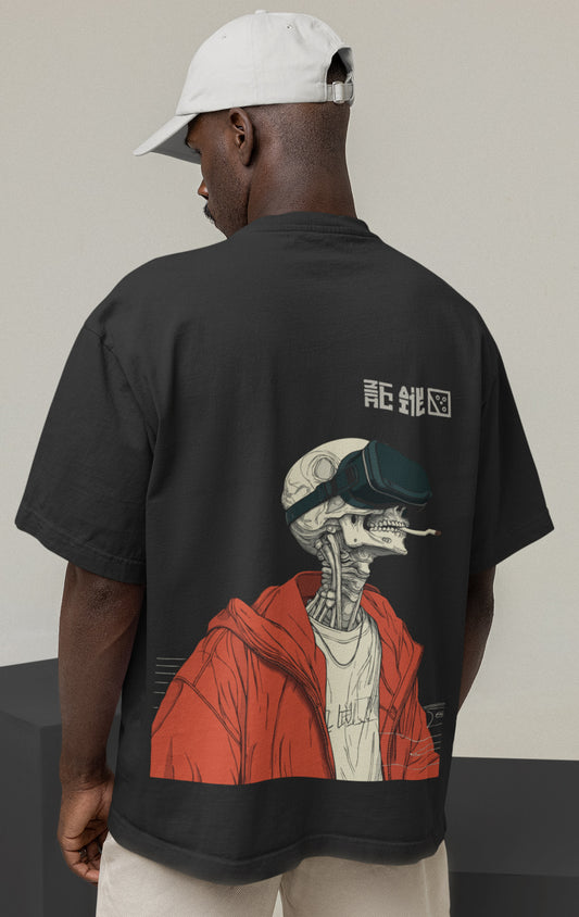Back view of black oversized t-shirt with surreal artwork of skeleton wearing VR goggles, from the Oipatrao x Bisquote limited-edition collection.