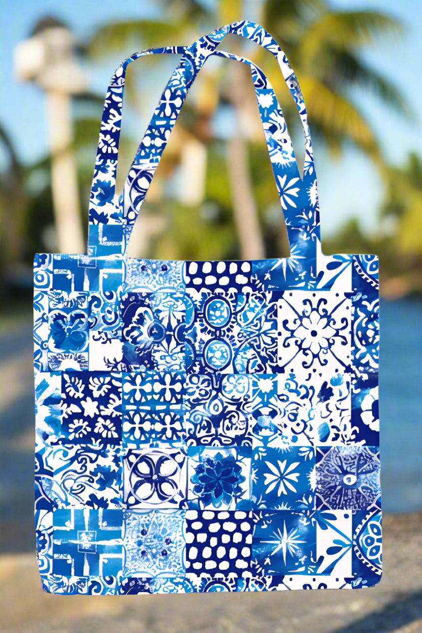 Front view of blue and white Azulejos tile print tote bag inspired by Goan design – Oipatrao