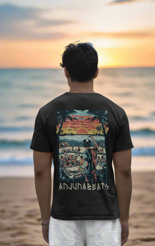 Black T-shirt with Anjuna Beats back design, featuring vibrant colors and music-inspired graphics.