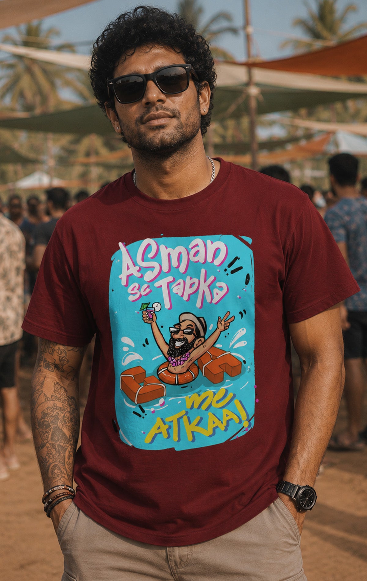 Red brick colored casual cotton t-shirt for Goa holidays with a funny Hindi idiom graphic print