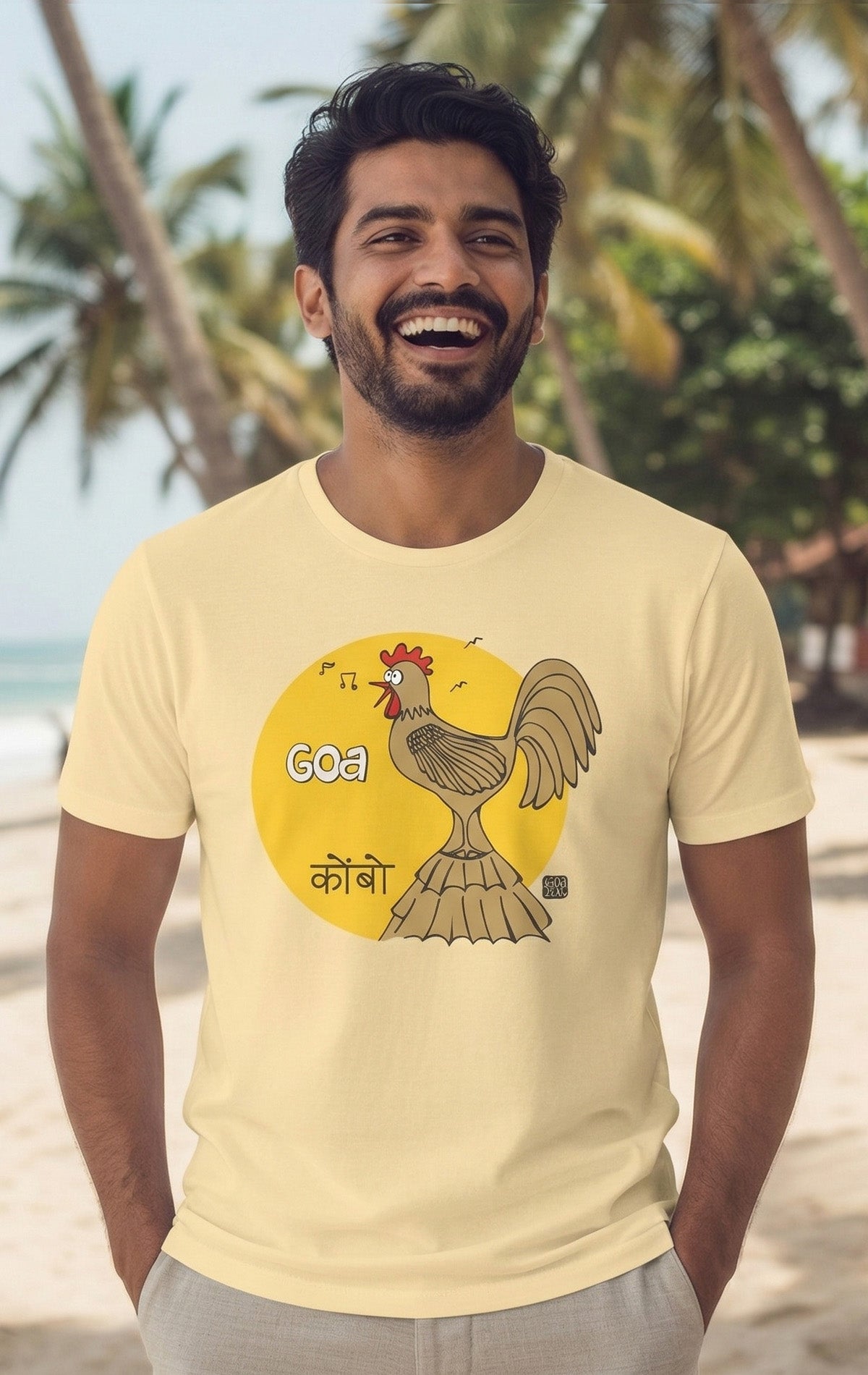Beige Goa Kombo graphic t-shirt with quirky rooster illustration, musical notes, and sun backdrop