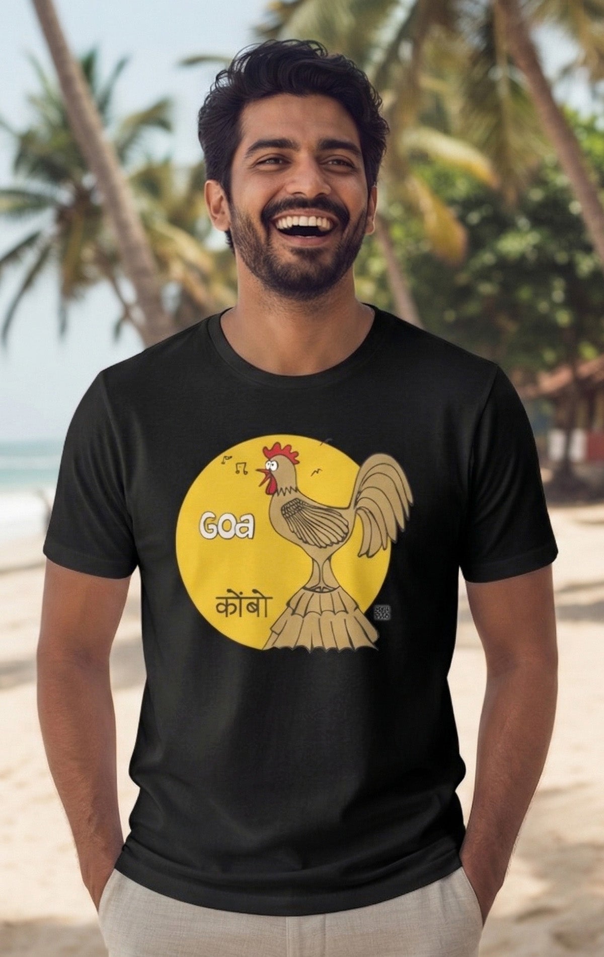 Black Goa Kombo graphic t-shirt with quirky rooster illustration and sun backdrop