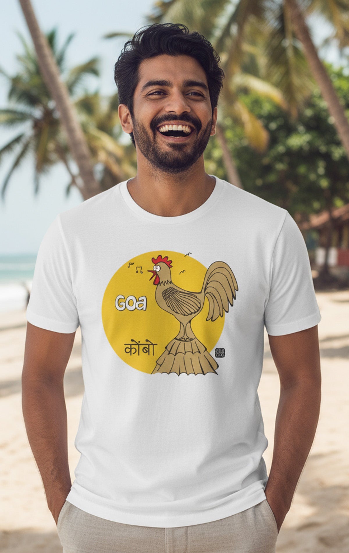 White Goa Kombo graphic t-shirt with quirky rooster illustration and sun backdrop