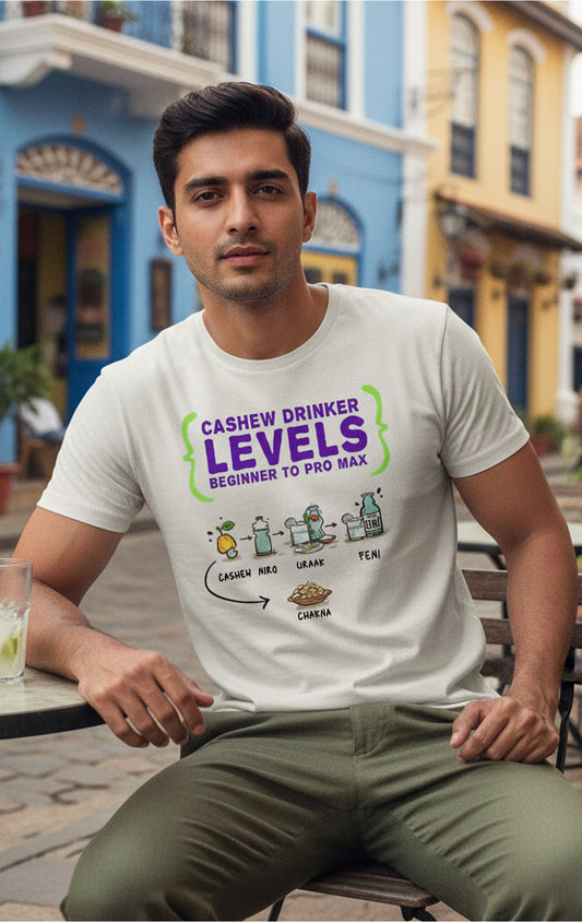 Cashew drink levels graphic showing niro urrak and feni on white t-shirt