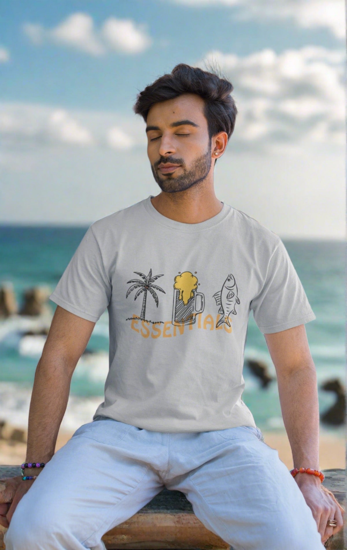 Looking for the perfect Goa souvenir? This t-shirt celebrates Goa's essentials: beaches, brews & seafood. Shop for unique Goa-themed apparel.
