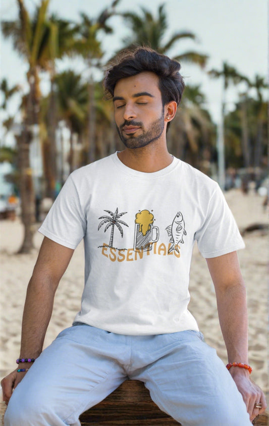 Line art coconut tree, beer mug, and fish with "Goa Essentials" text on a white Oipatrao t-shirt. Perfect for Goa lovers! 