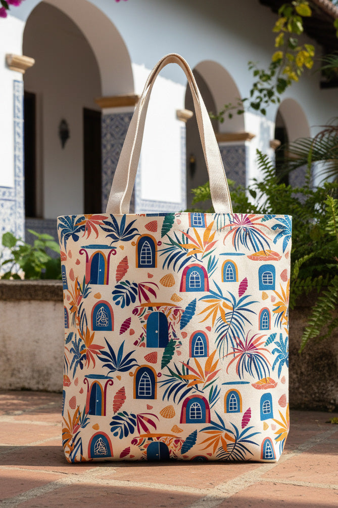 Porta Praia canvas tote bag by Oipatrao featuring colorful Goan windows and tropical palm illustrations against Portuguese-style architecture