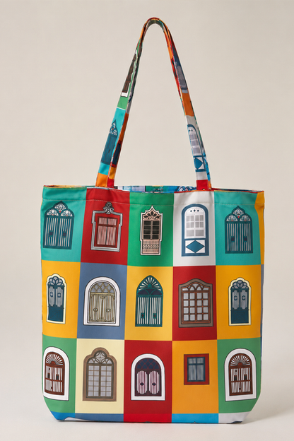 Windows of Goa tote bag featuring colourful traditional Goan window illustrations inspired by Fontainhas heritage homes.