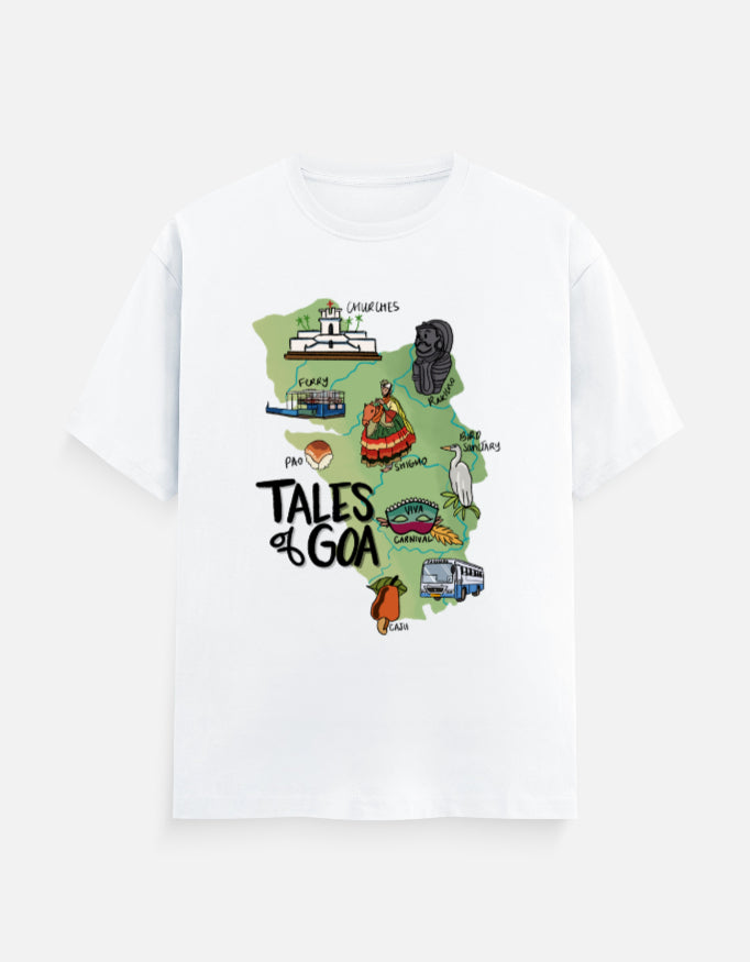 Tales of Goa t-shirt by Oipatrao featuring a colorful hand-drawn map of Goa with cultural icons like Shigmo, Carnival, ferries, and Goan churches.