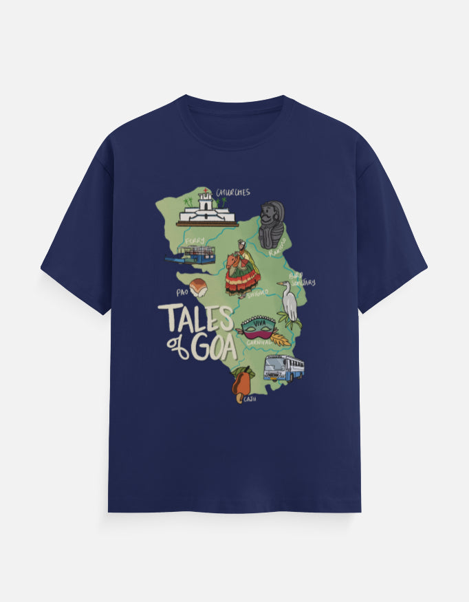 Goan lifestyle t-shirt from Oipatrao x Tales of Goa collaboration, showing a creative map design celebrating Goa’s festivals, food, and everyday life.