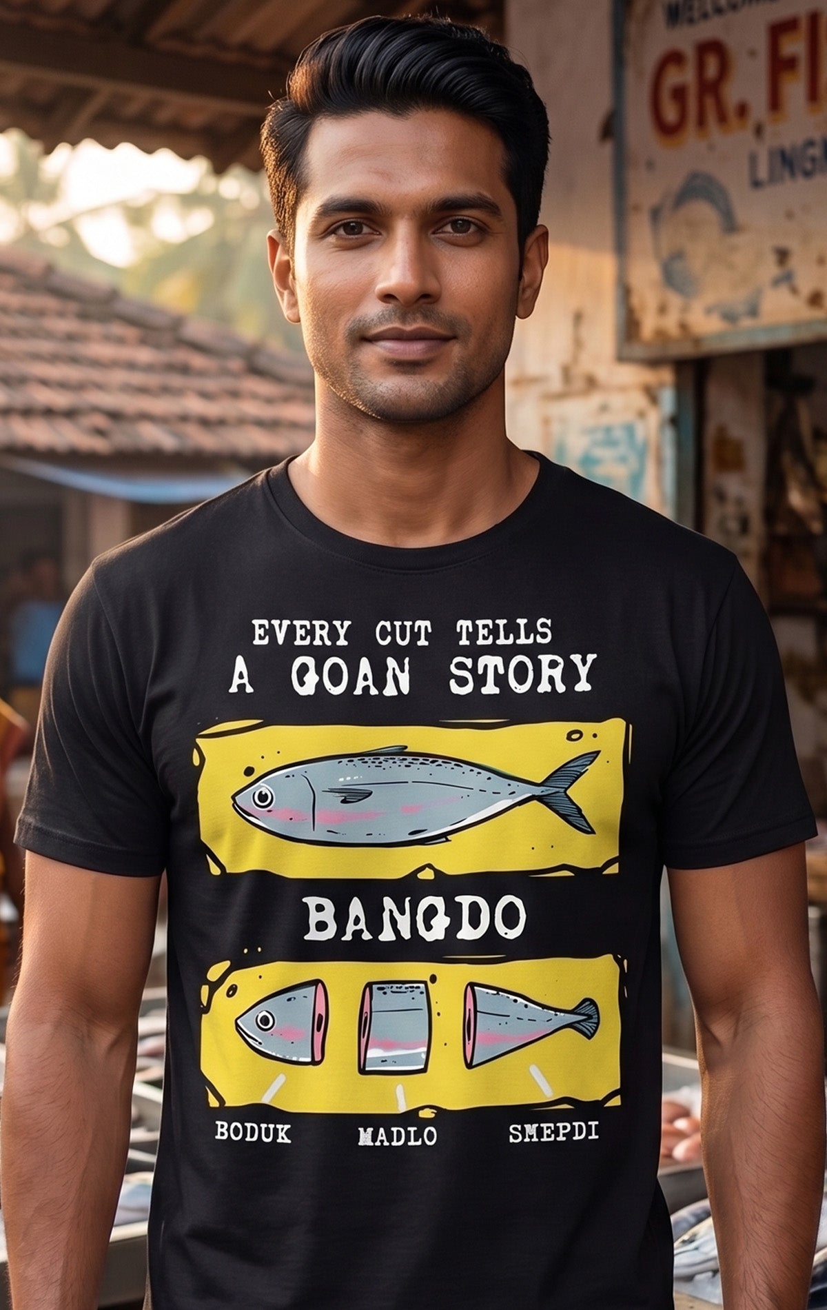 Black t-shirt with Bangdo fish design inspired by Goan cuisine and seafood lifestyle