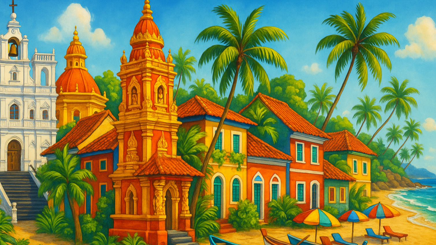 create a vibrant scene of Goa and its churches, temples, beaches and architecture